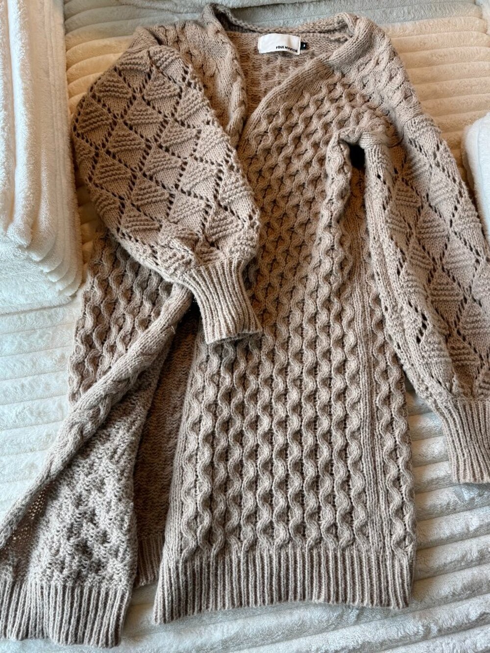 Chunky Knit Sweater Taupe Balloon Sleeve Cozy Oversized Size M
